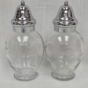 Vintage Glass Salt Pepper Shakers Etched Floral Design Silver Tone Tops